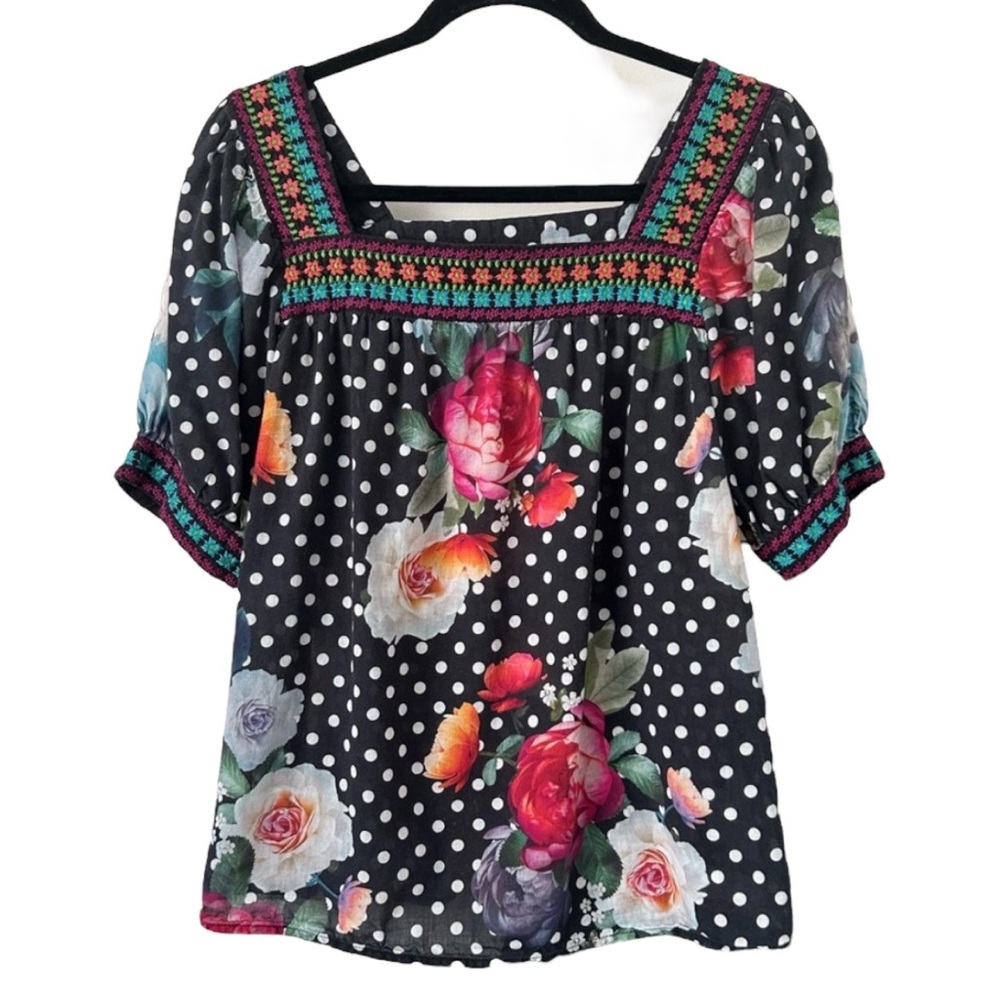 Johnny Was Embroidered Floral Polka Dot Square Neck Short Sleeve Thin Blouse